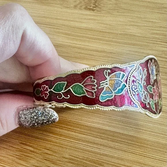 Vintage Cloisonné Hinged Bracelet Flowers and Butterfly Red Bangle Bracelet - Picture 3 of 7